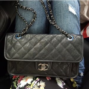 Authentic Chanel French Riviera blk Med Caviar bag